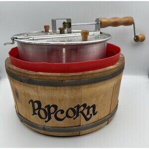 Vintage Whirley Pop Stovetop Popcorn Popper w/ Spaulding & Frost Popcorn Barrel